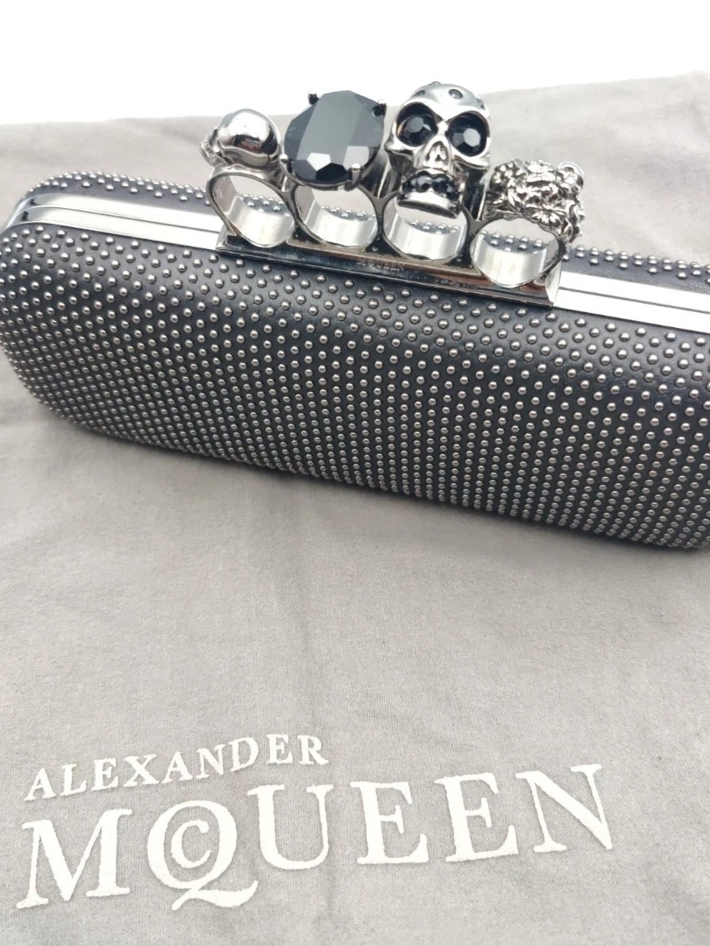 Alexander McQueen Studded Skull Knuckle Box Clutch Black & Silver Like New